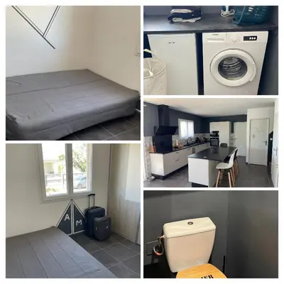a collage of pictures of a room with a bed and a washing machine at Charmante maison avec petite piscine et jardin in Port-la-Nouvelle