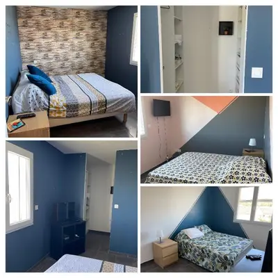a collage of four different pictures of a bedroom at Charmante maison avec petite piscine et jardin in Port-la-Nouvelle