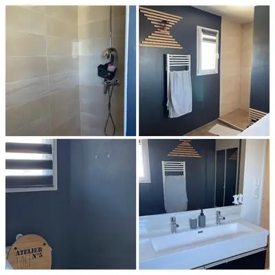 four pictures of a bathroom with a sink and a shower at Charmante maison avec petite piscine et jardin in Port-la-Nouvelle