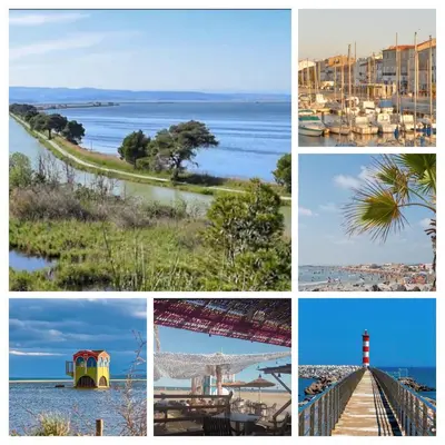 a collage of photos of different sights and buildings and a lighthouse at Charmante maison avec petite piscine et jardin in Port-la-Nouvelle