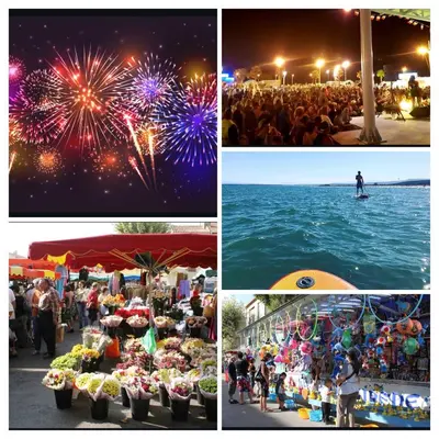 a collage of photos of aestival with fireworks at Charmante maison avec petite piscine et jardin in Port-la-Nouvelle