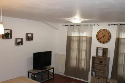 a living room with a tv and a clock on the wall at Bel Appartement T2 in Carcassonne