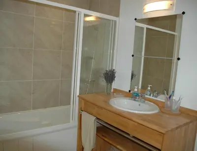 a bathroom with a sink and a shower at Superb villa for 4, private pool in Durban-Corbières