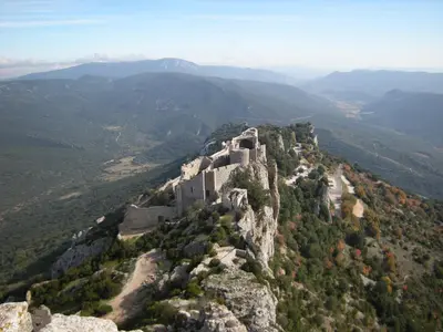 a view of a castle on top of a mountain at Superb villa for 4, private pool in Durban-Corbières