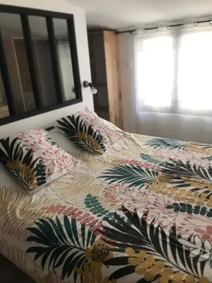 a bed with a patterned comforter on it at Petite maison in Carcassonne