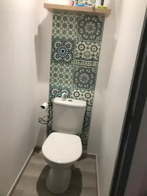 a bathroom with a toilet and a tile wall at Petite maison in Carcassonne