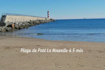 a bedroom with a large white bed with a window at Entre Mer et Roseaux - Piscine chauffée - Proche centre et mer - Animaux bienvenus in Port-la-Nouvelle