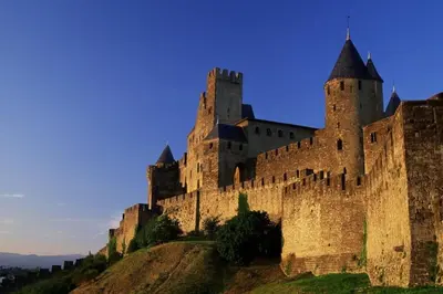 a large castle on top of a hill at Appartement avec terrasse centre de la Bastide in Carcassonne