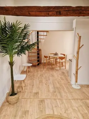 a living room with a table and a potted plant at Emplacement N°1+Terrasse Vue+Cité+Trivalle+clim in Carcassonne
