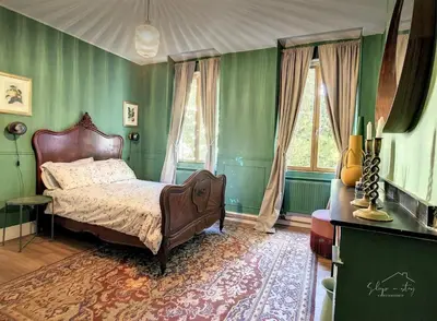 a bedroom with a bed and green walls and windows at 2 bedrooms apartment - Perfect for a city getaway in Carcassonne