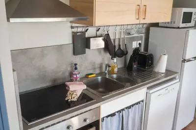 a small kitchen with a sink and a stove at Chez Francis & Valérie in Villegailhenc