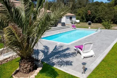 a pool with two chairs and a palm tree next to it at villa queen-south IT in Ventenac-Cabardès