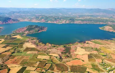 an aerial view of a lake in the countryside at Gorgeous Home In Saint-Laurent-De-La-Ca in Saint-Laurent-de-la-Cabrerisse