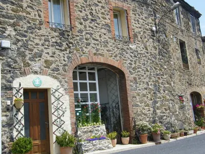 a stone building with a door and potted plants at Gîte Les Mimosas in Prugnanes