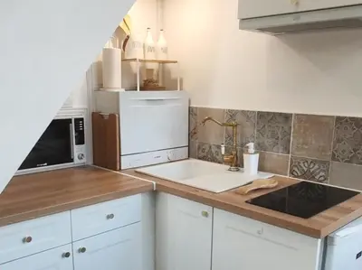 a kitchen with a sink and a microwave at Appartement Bulle d'antan en cœur de ville - Monument classé historique - Grand Jaccuzi in Castres