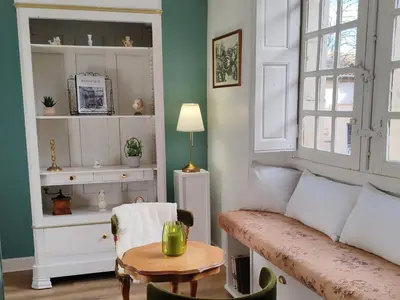 a living room with a couch and a table at Appartement Bulle d'antan en cœur de ville - Monument classé historique - Grand Jaccuzi in Castres