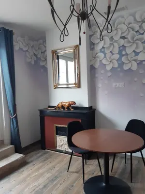 a dining room with a table and a cat laying on a fireplace at Face Cité - Chambres D'Hôtes - Parking & Garage Gratuit - Wi-Fi Gratuit in Carcassonne