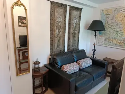 a black leather couch in a living room with a mirror at Coste de Laval in Quillan