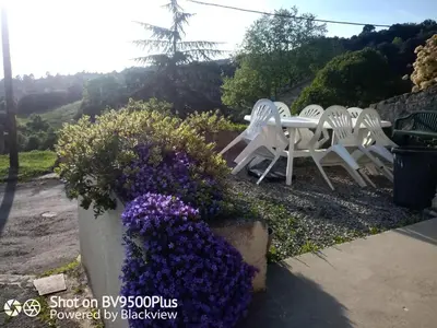 a group of white chairs and purple flowers at Amé-lys in Véraza