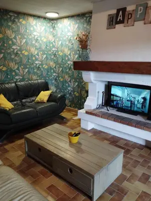 a living room with a couch and a fireplace at Amé-lys in Véraza