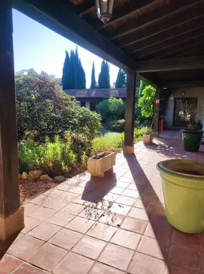 a patio with a large green planter on a patio at Hôtel et Appart'Hôtel Le Relais Du Val D'Orbieu in Ornaisons