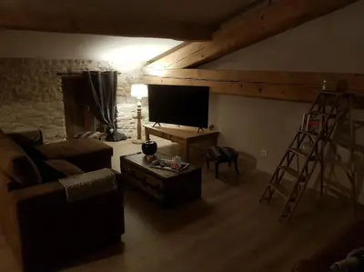 a living room with a couch and a tv at Le gîte Joyeuse triplette Limoux Carcassonne in Limoux