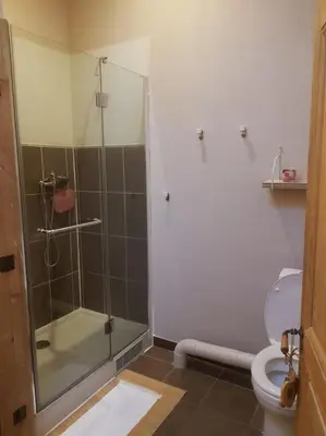a bathroom with a shower and a toilet at Le gîte Joyeuse triplette Limoux Carcassonne in Limoux