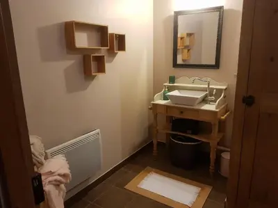 a bathroom with a sink and a mirror at Le gîte Joyeuse triplette Limoux Carcassonne in Limoux