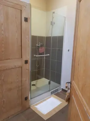 a shower with a glass door in a bathroom at Le gîte Joyeuse triplette Limoux Carcassonne in Limoux