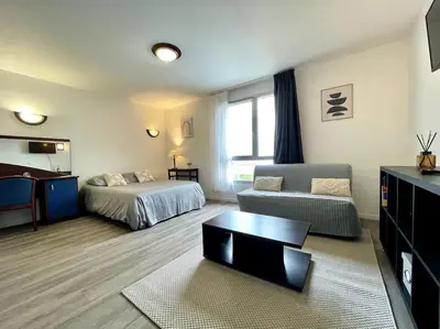 a living room with a bed and a couch at Zen studio ※ parking - piscine in Carcassonne