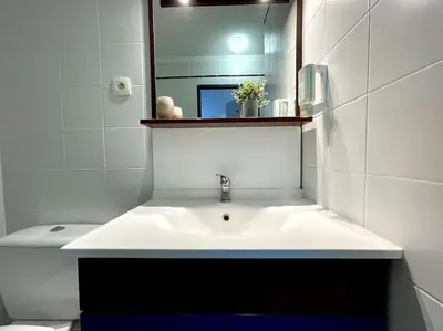 a bathroom with a sink and a mirror at Zen studio ※ parking - piscine in Carcassonne