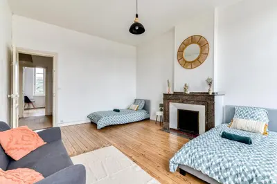 a living room with a couch and a fireplace at El Marty - central - climatisation - parking gratuit - wifi in Carcassonne