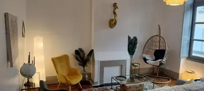 a living room with a couch and a fireplace at Grand Appartement Hyper Centre Castres 5 Chambres 10 personnes in Castres