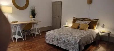a bedroom with a bed and a table and a desk at Grand Appartement Hyper Centre Castres 5 Chambres 10 personnes in Castres