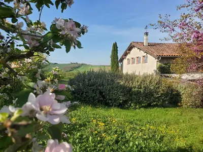 a garden with a house and flowers in the foreground at B&B La Ferme de Loubens in Loubens-Lauragais