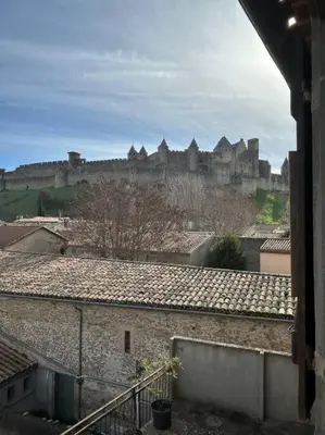 a view of a castle from the roofs of buildings at Le studio de Simon au pied de la cité in Carcassonne