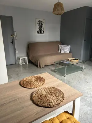 a living room with a bed and a table at Le studio de Simon au pied de la cité in Carcassonne