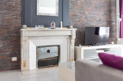 a living room with a fireplace and a tv at Centre Ville -Cosy 2 pièces-Clim-AF in Carcassonne