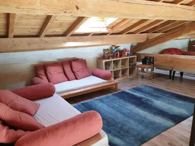 a living room with a white couch and a blue rug at Villa contemporaine à la campagne - Promo rentrée in Saint-Papoul