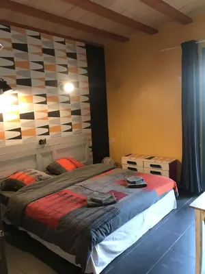 a bedroom with a large bed with a checkered wall at BelCiano (ancien Toit Vert) in Fitou