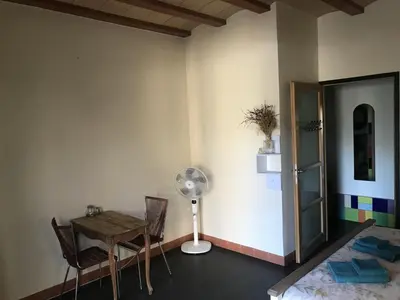 a room with a table and a fan and a table and chairs at BelCiano (ancien Toit Vert) in Fitou