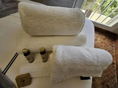 a bathroom with two towels on a bed with two stairs at Logis des Palmiers YourHostHelper in Gruissan