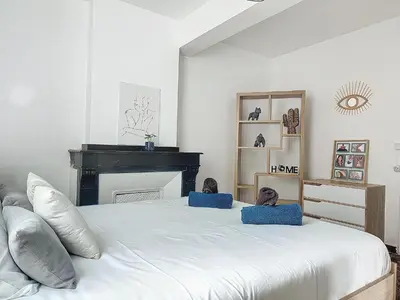 a bedroom with a large white bed with blue pillows at Le Barès in Carcassonne