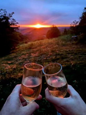 two people holding glasses of wine with the sunset in the background at Le Mobil'Dôme à Marie in Cambounès