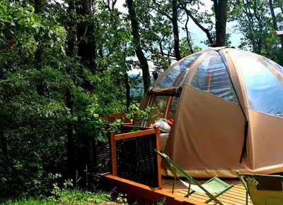 a yurt in the woods with a wooden deck at Le Mobil'Dôme à Marie in Cambounès