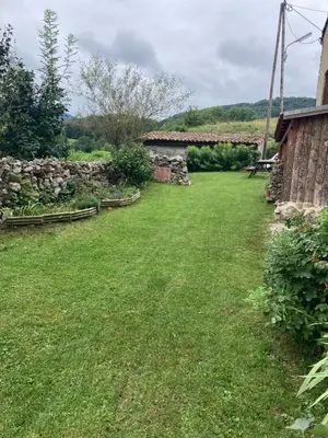 a yard with a stone wall and green grass at Gîte col de la lauze avec vue sur le château de Montségur in Montferrier