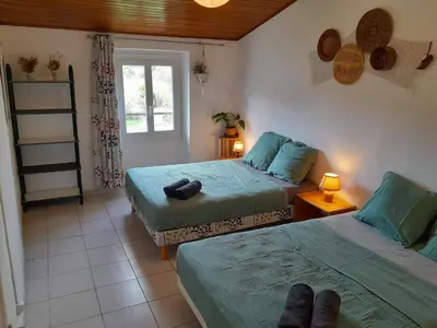 a room with two beds and a window and a ladder at hOMe-Shanti Galamus -- Relais Rando - vélo - moto in Saint-Paul-de-Fenouillet