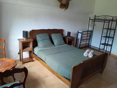 a bedroom with a bed with blue sheets and a table at hOMe-Shanti Galamus -- Relais Rando - vélo - moto in Saint-Paul-de-Fenouillet