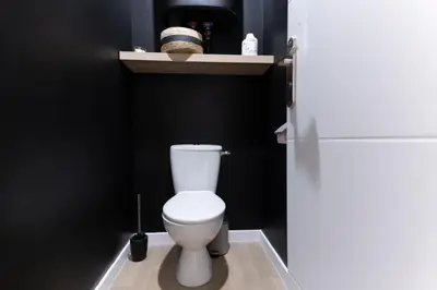 a white toilet in a bathroom with a black wall at MarQue Néo Art in Carcassonne