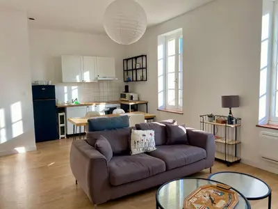 a living room with a couch and a kitchen at Charmant T2 de 48m2 à 300m du centre ville in Lézignan-Corbières